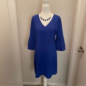 NWT Belongsci Royal Blue V-neck 3/4 Bell Ruffle Sleeved Dress Women’s Size S